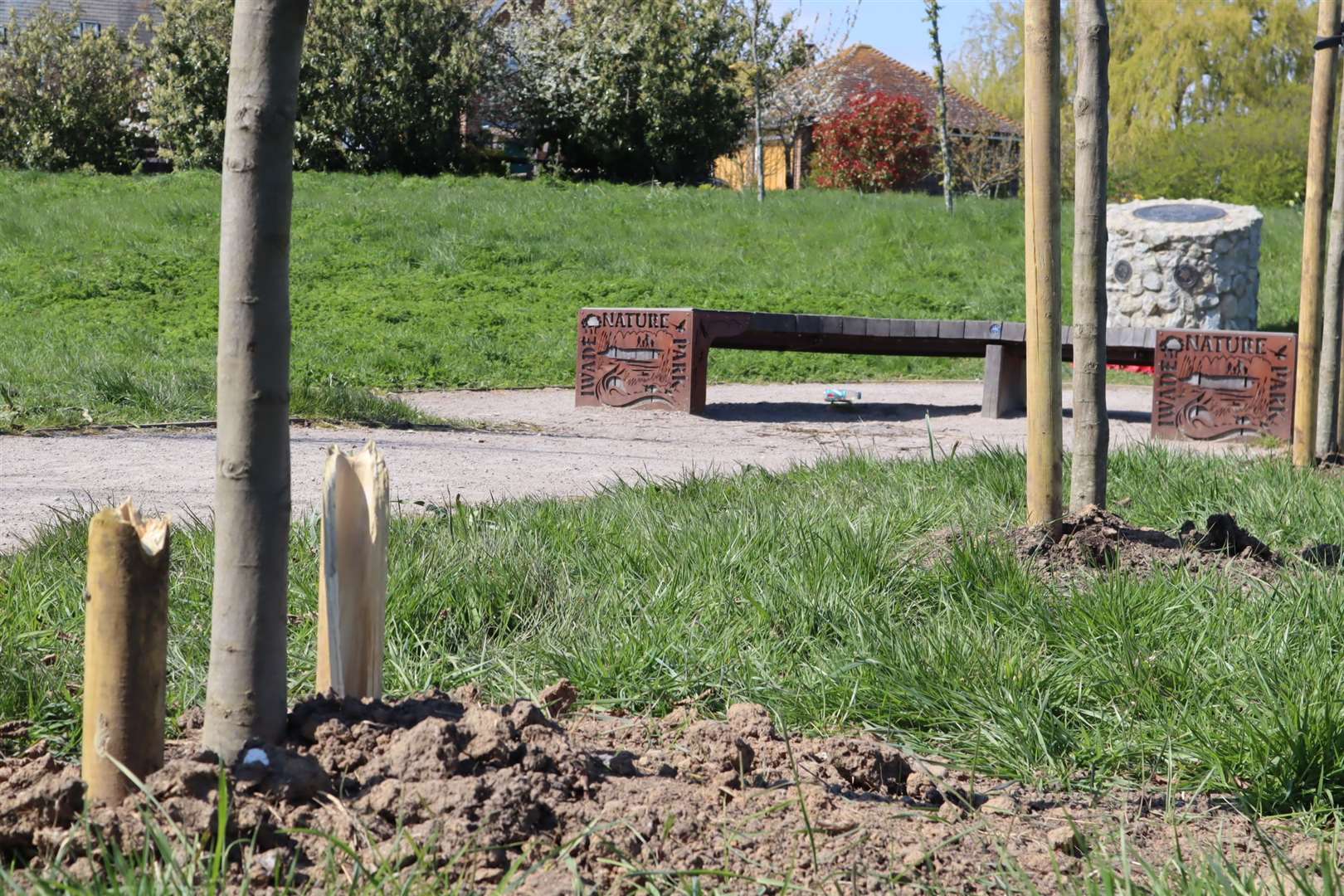 Damaged stakes at Iwade war memorial