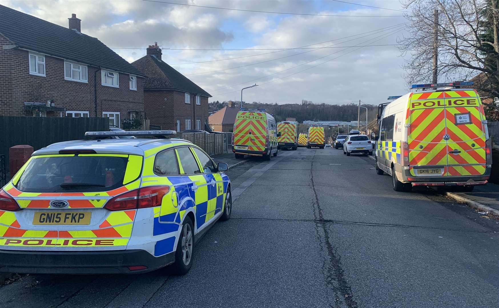 A large police presence remains in Caley Road, Tunbridge Wells, four days after a man was found dead. Picture: KMTV