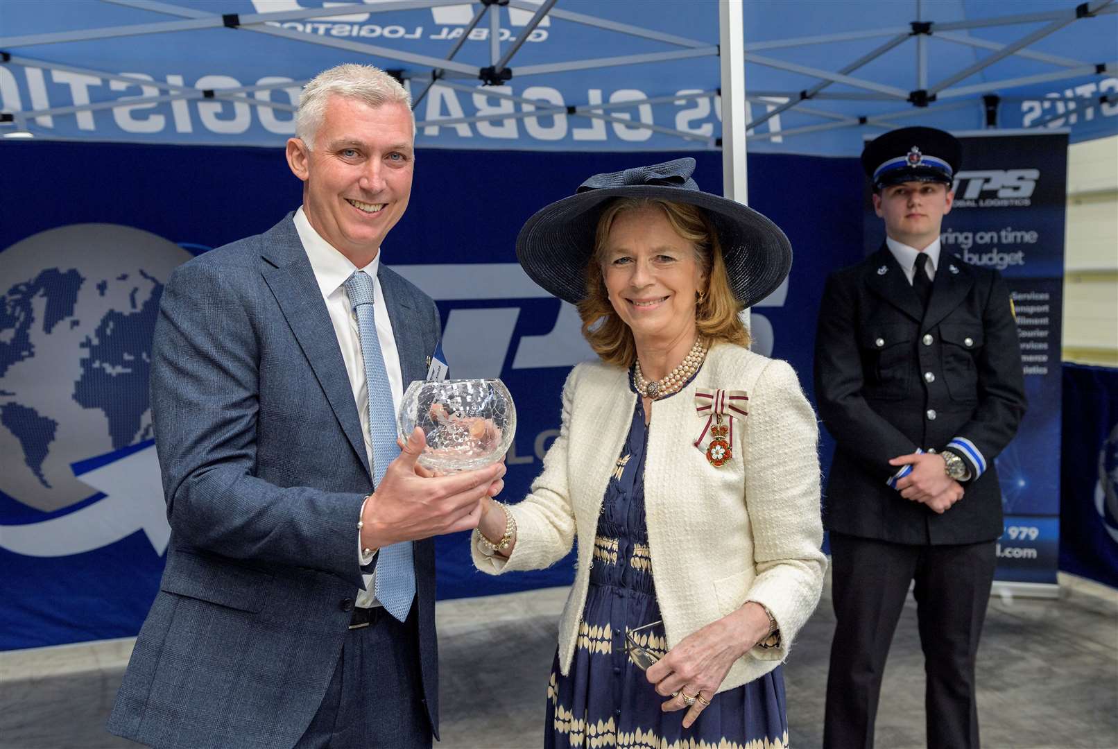 Matt Smith, the MD of TPS Global Logistics, receives the King’s Award for Enterprise from the Lady Colgrain, the Lord Lieutenant of Kent