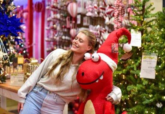 Social media influencer Millie Blew makes friends with a festive dinosaur at Milbrook's Christmas department launch for 2024