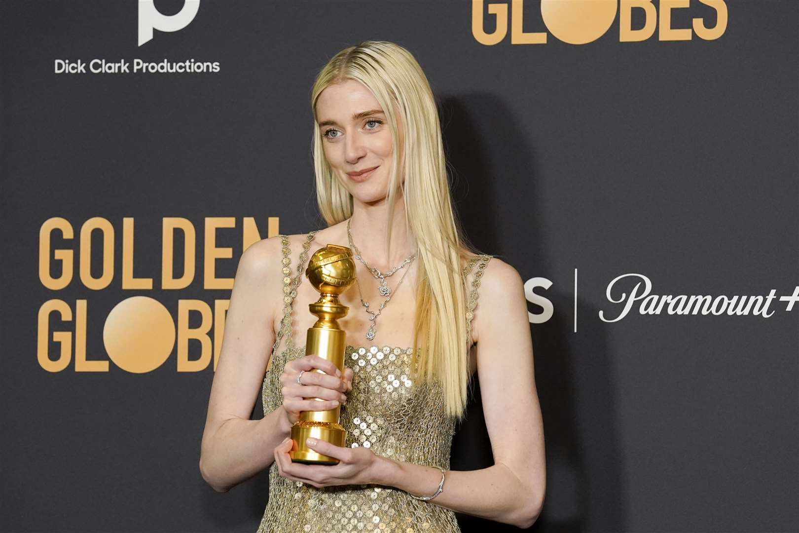 Elizabeth Debicki poses in the press room with the award for best performance by an actress in a supporting role, television for The Crown (Chris Pizzello/AP)