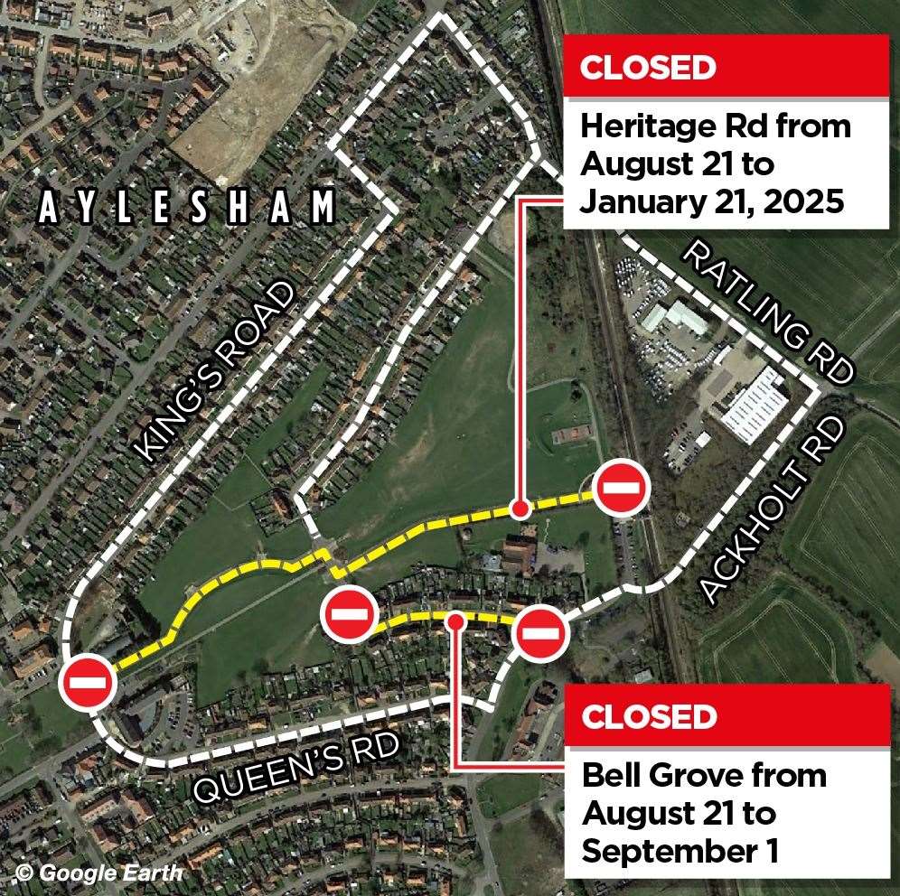 The roads in Aylesham that will be affected by the closures; the restrictions will be introduced on Monday