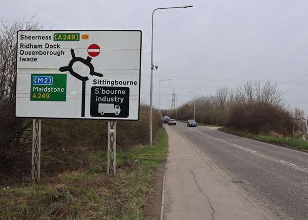 Approaching Grovehurst roundabout on the A249 at Kemsley