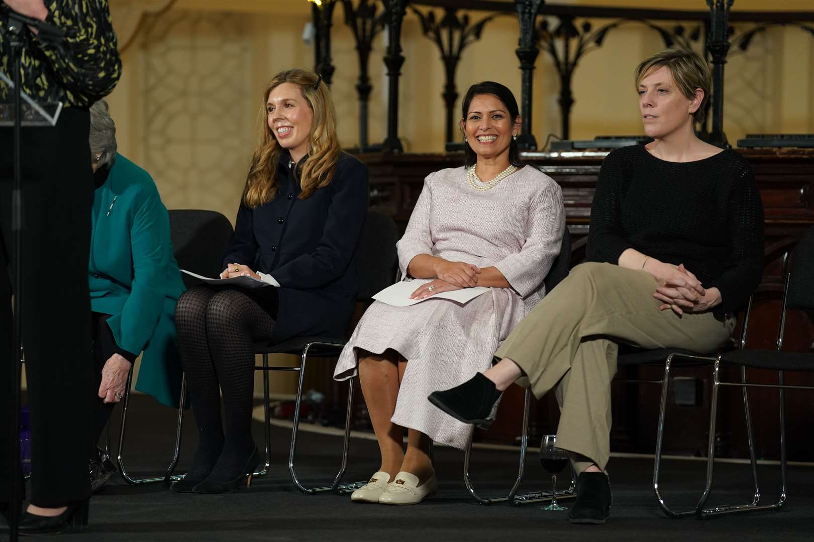 Carrie Johnson, Priti Patel and Jess Phillips in Westminster (Kirsty O’Connor/PA)