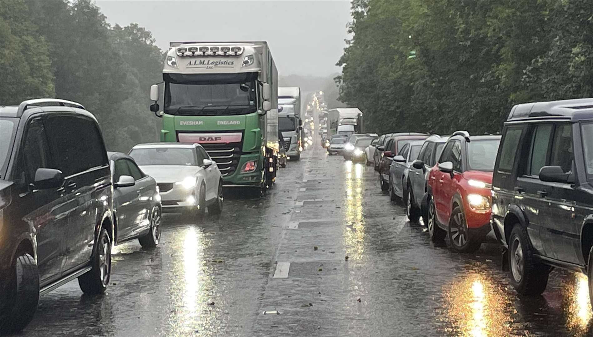 Drivers were stuck on the M2 earlier this afternoon following a crash amid heavy rain