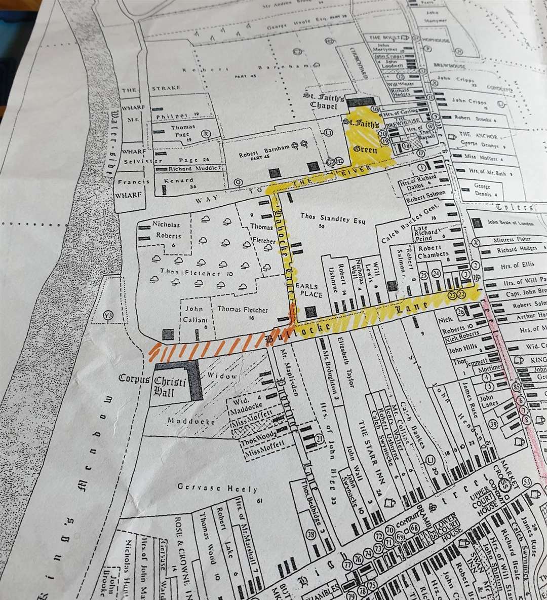 A 1650 map of Maidstone. The yellow markings show the route the defenders retreated to St Faith's Church, via Bullocke Lane (now Earl Street) and along "Havocke Lane". Supplied by the 'History of Maidstone and Beyond' Facebook page.