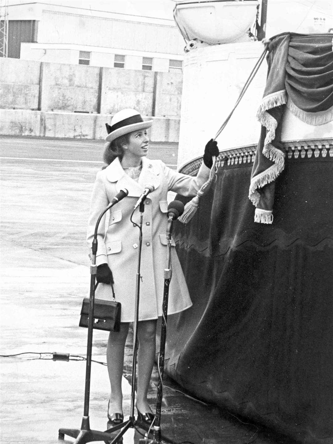 Princess Anne, pictured in Octoboer 1969, named the second of British Rail's Seaspeed hovercraft after herself at Dover. She unveiled a nameplate, signed a portrait of herself inside the terminal building then took a 30-minute trip on the hovercraft to the Goodwin Sands and back