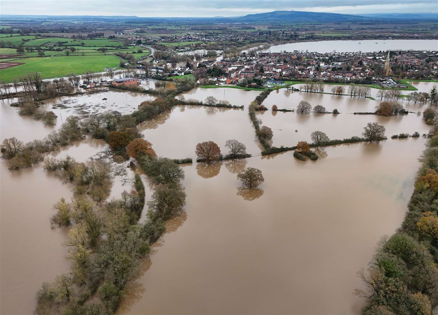 Flooded fields and roads near Upton-upon-Severn (David Davies/PA)