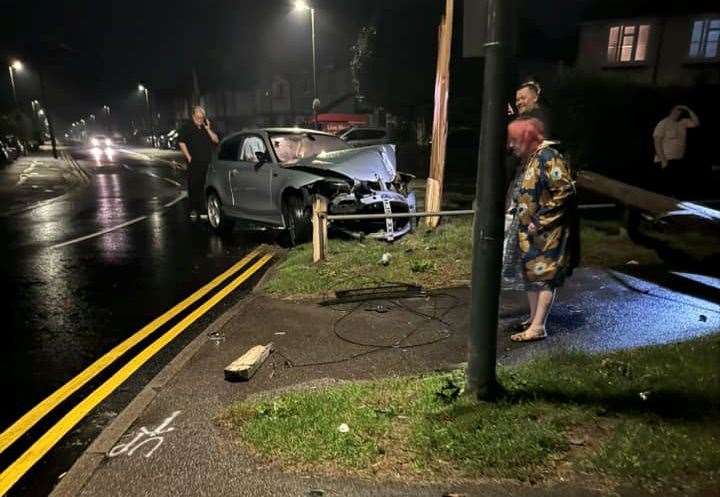 A car smashed into a telegraph pole in South Park Road, Maidstone, last night. Picture: Elliott Millwall