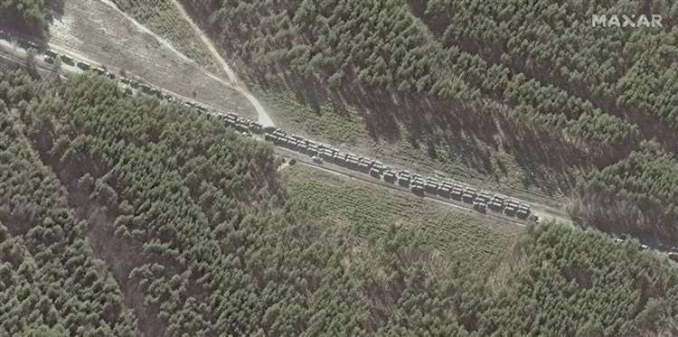 The northern end of a convoy of Russian vehicles heading towards Ukraine (Maxar Technologies/AP)