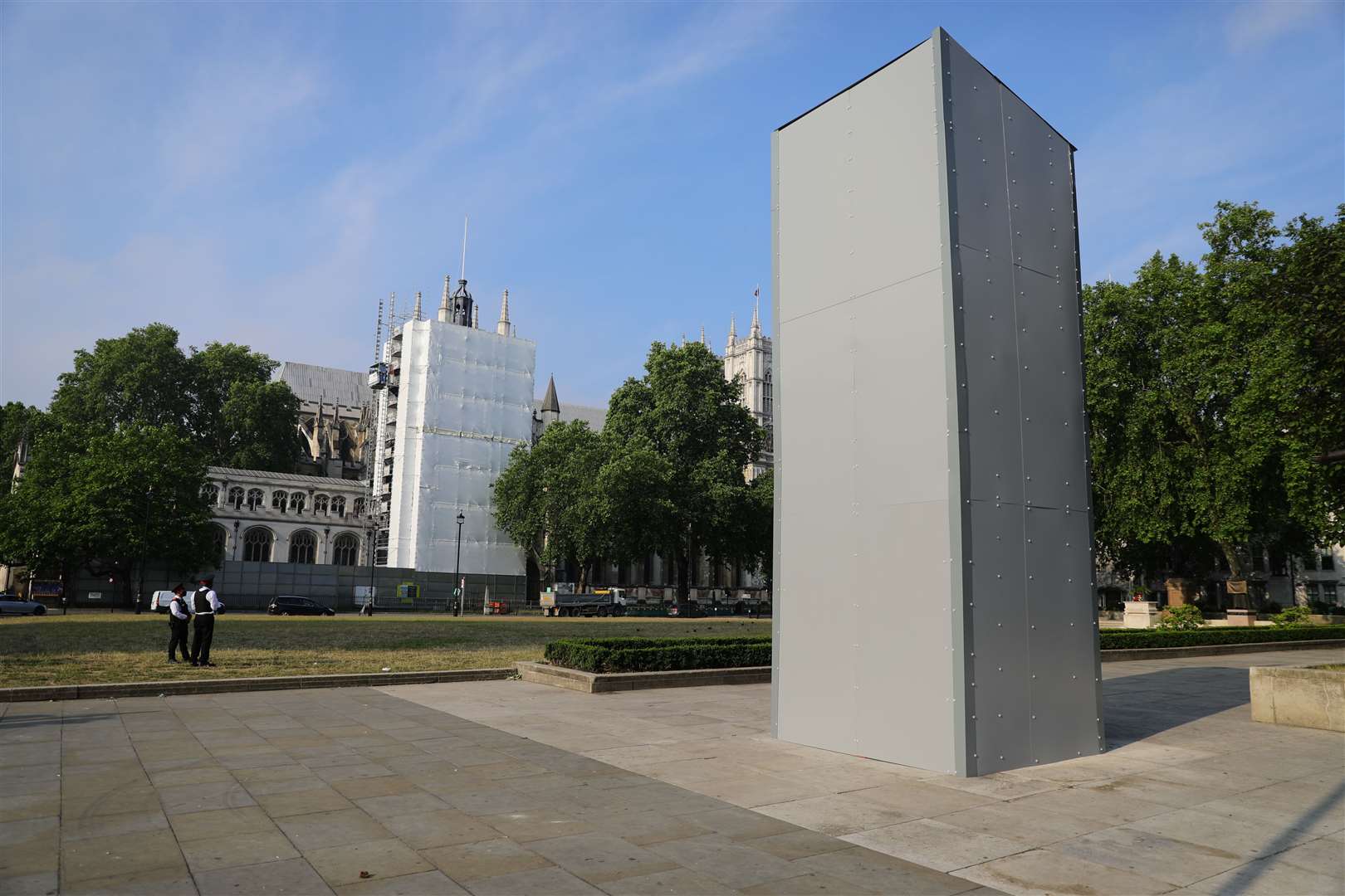 The statue of Sir Winston Churchill in Parliament Square has been covered with a protective box (Aaron Chown/PA) 