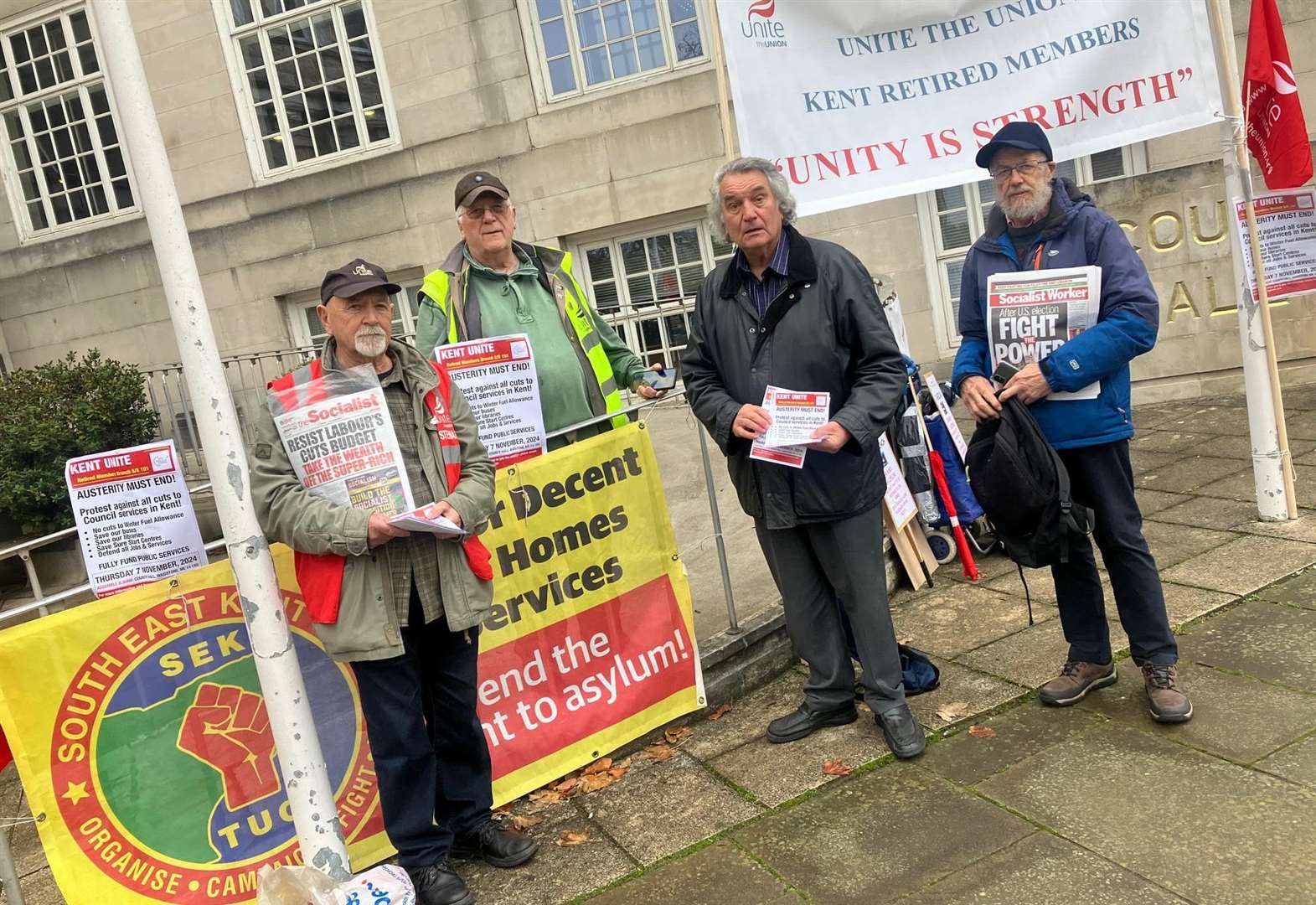 Retired Unite members protesting at County Hall (L-R) Eric Segal, Ricky Hawes, Tom King and Steve Wilkins