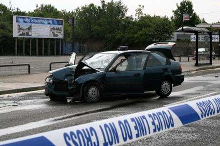 The wreckage of the Honda Civic which collided with a barrier in Corporation Street, Rochester