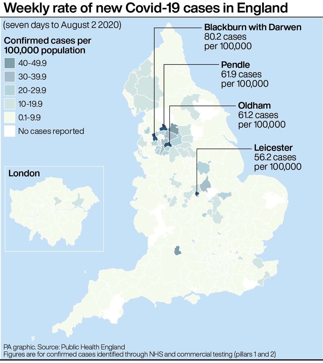 Weekly rate of new Covid-19 cases in England (PA Graphics)