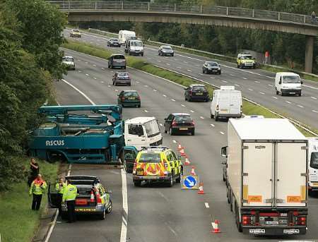 The stricken lorry after spinning onto the hard shoulder. Picture: Mike Mahoney