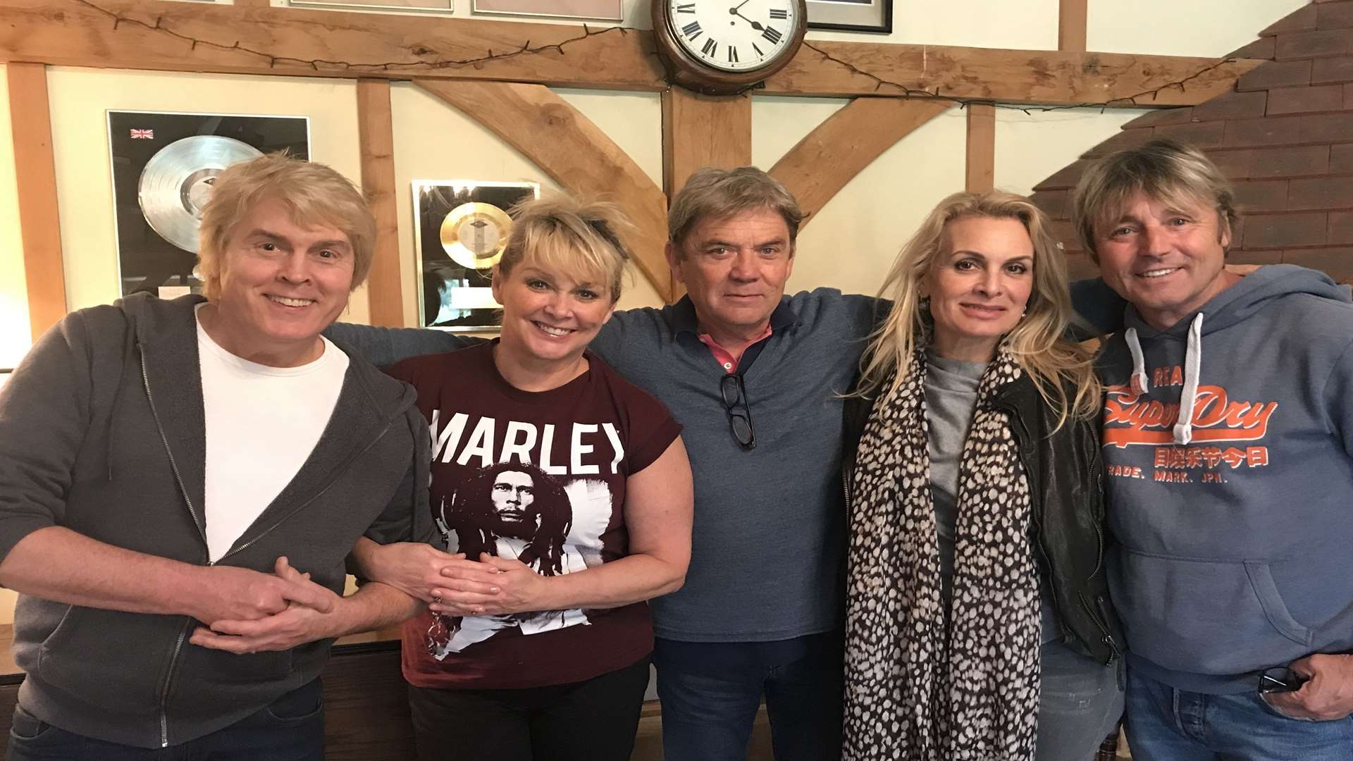 The Fizz band members with record producer Mike Stock (from left): Mike Nolan, Cheryl Baker, Mike Stock, Jay Aston and Bobby McVay. Picture: PA Photo/MPG Records.