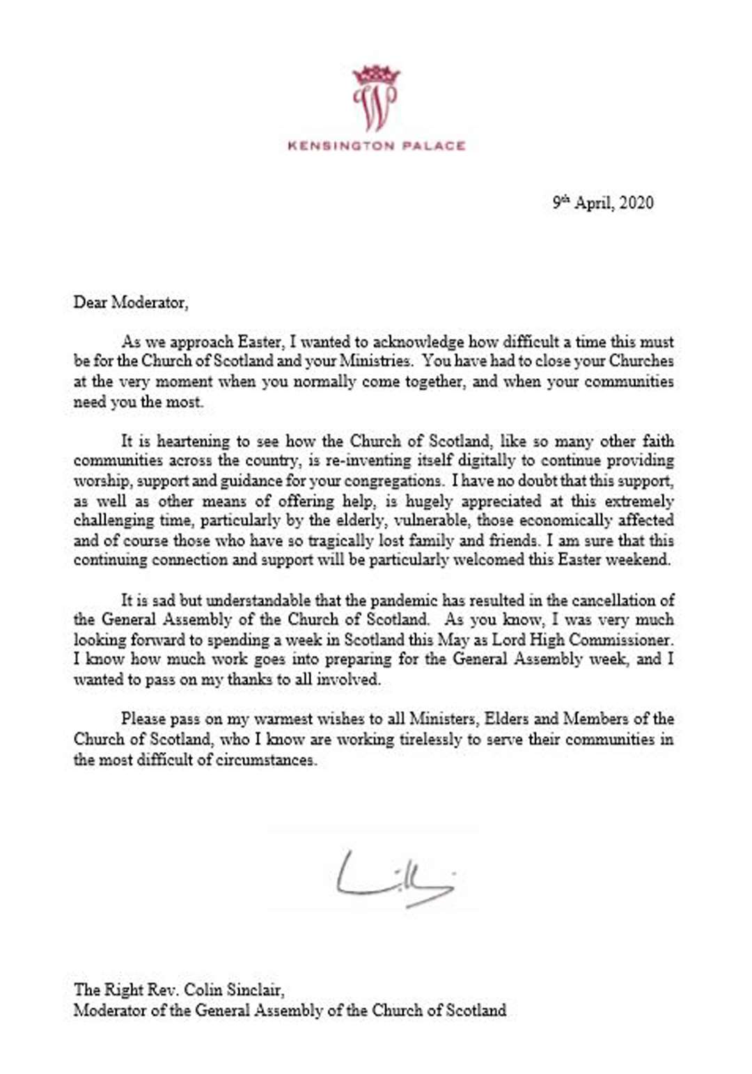 A letter written by William praising the Church of Scotland during the pandemic (Kensington Palace/PA)