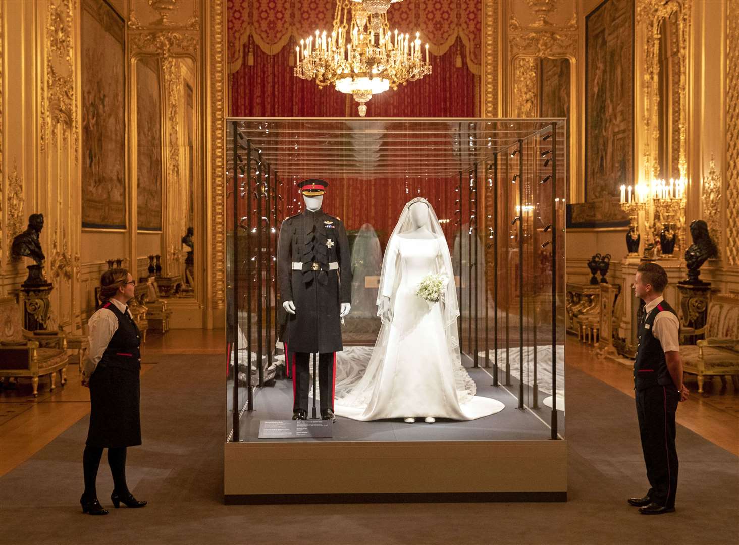 An exhibition at Windsor Castle of the Duke and Duchess of Sussex’s wedding outfits (Steve Parsons/PA)