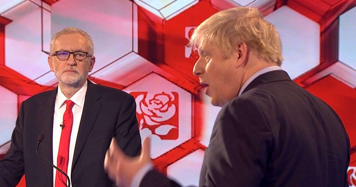 Then-Labour leader Jeremy Corbyn and prime minister Boris Johnson going head to head in the BBC Election Debate in Maidstone, while on the election campaign trail (BBC/PA)