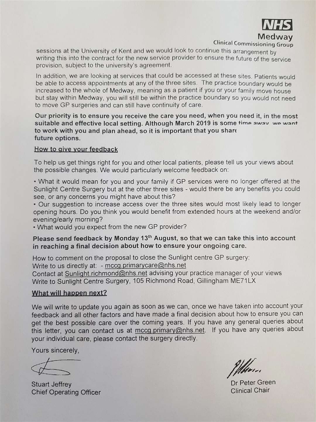 Letter patients of the sunlight centre recieved about the proposed closure of the surgery (3375300)