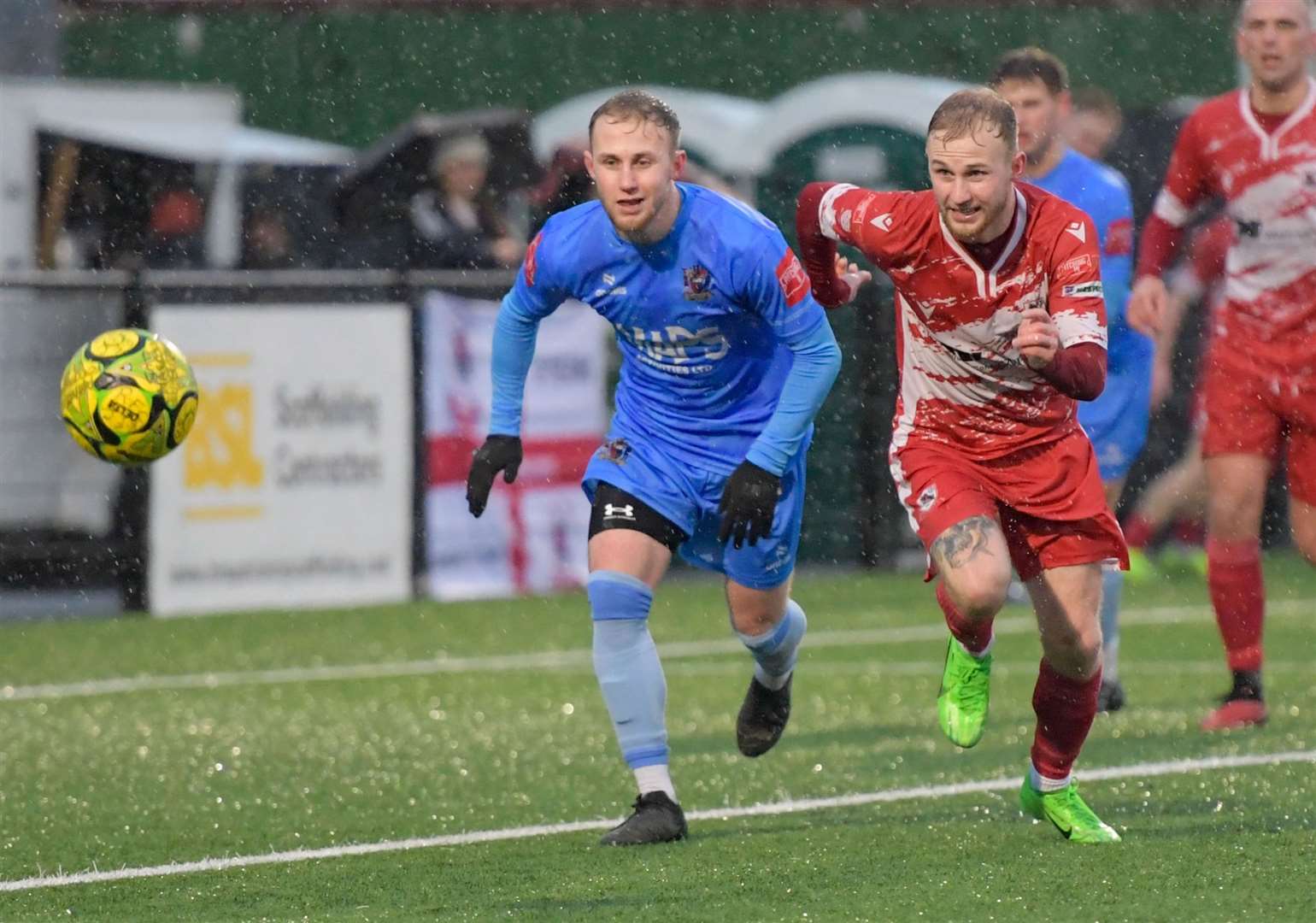 Ramsgate wideman Alfie Paxman, right, battles brother Jack for the ball during the hosts’ 3-0 New Year’s Day victory at Southwood. Picture: Stuart Watson