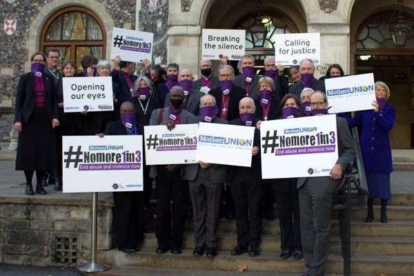 A gathering for the Global Day of Action outside Church House in Westminster with the Bishop of Dover and Archbishop of Canterbury. Picture: Mothers' Union