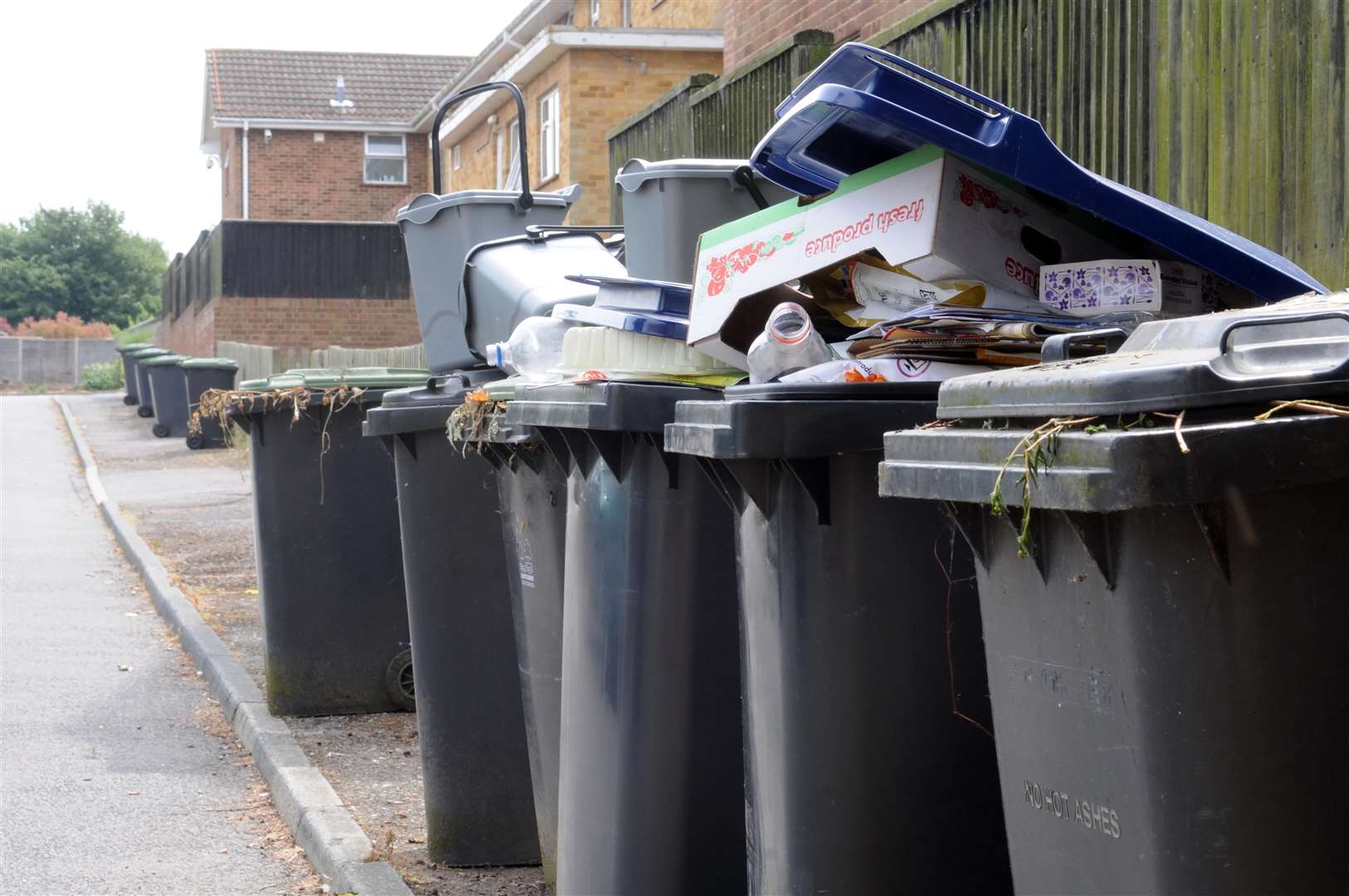 Many blue bins are being filled with rubbish which cannot be recycled