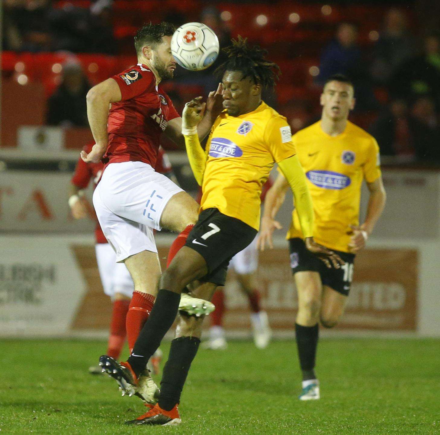 Fleet midfielder Dean Rance gets stuck in Picture: Andy Jones