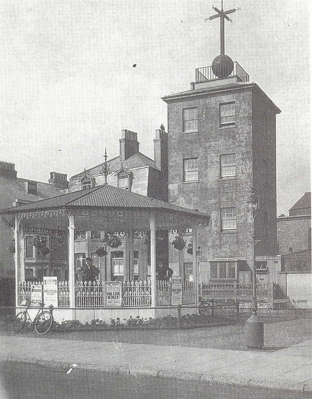 An old view of the Timeball Tower on Deal seafront, with the old bandstand in the foreground. Picture from the Tony Arnold Collection