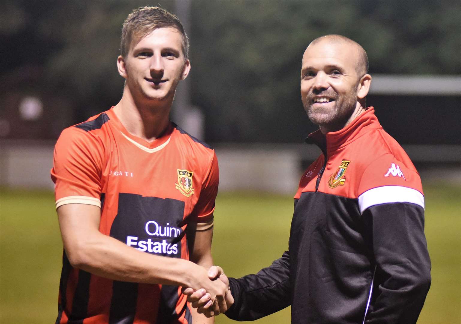 Sittingbourne boss Darren Blackburn with striker Kane Rowland. Picture: Ken Medwyn