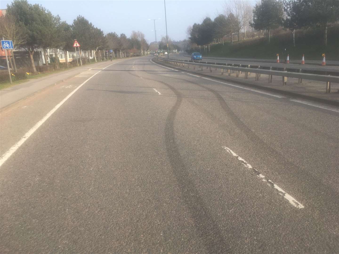 Tyre marks have been left in the road in Crossways Boulevard following previous incidents.