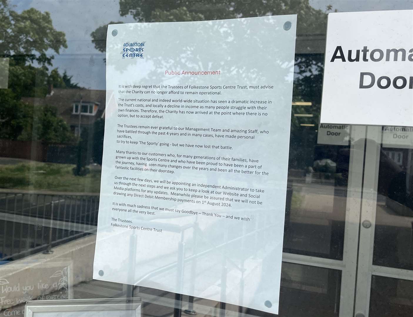 A closure notice at the entrance to Folkestone Sports Centre