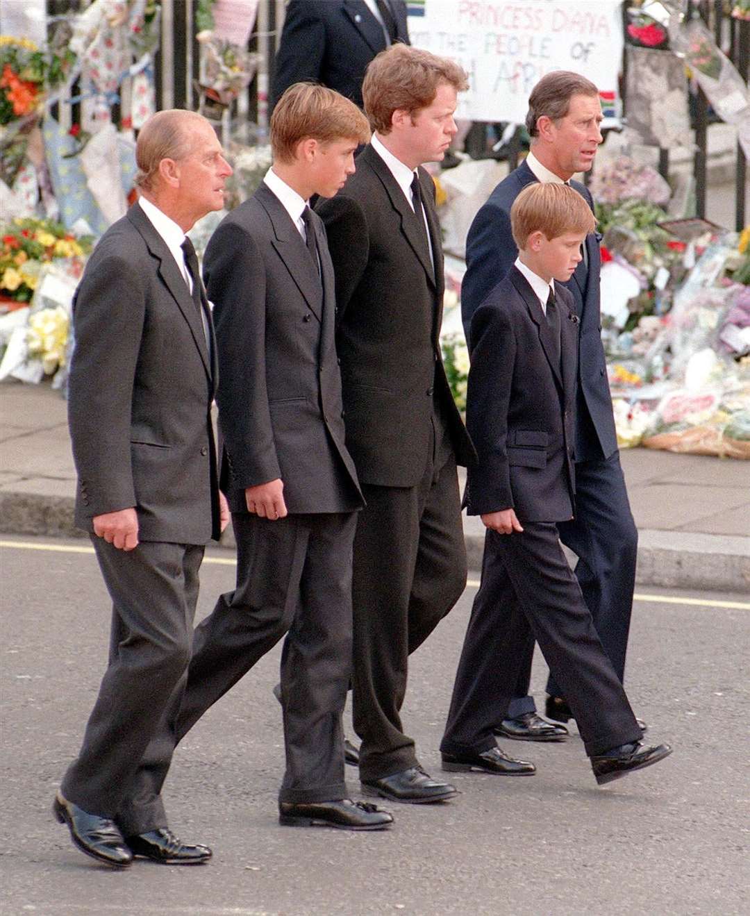 The Duke of Edinburgh, William, Earl Spencer, Harry and the Prince of Wales following the coffin of Diana, Princess of Wales, to Westminster Abbey for her funeral service in 1997 (Adam Butler/PA)