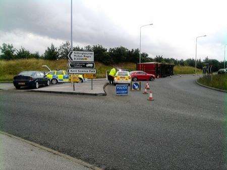 Overturned lorry at the Bobbing roundabout