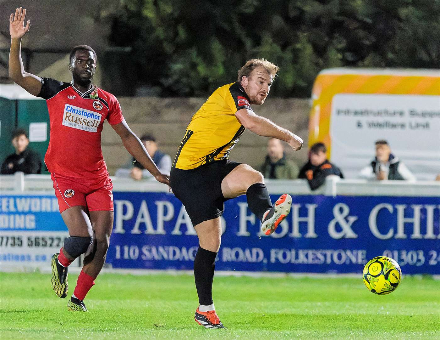 Sam Blackman shoots for Folkestone in last week’s 1-1 draw before they lost the shootout 5-4. Picture: Helen Cooper