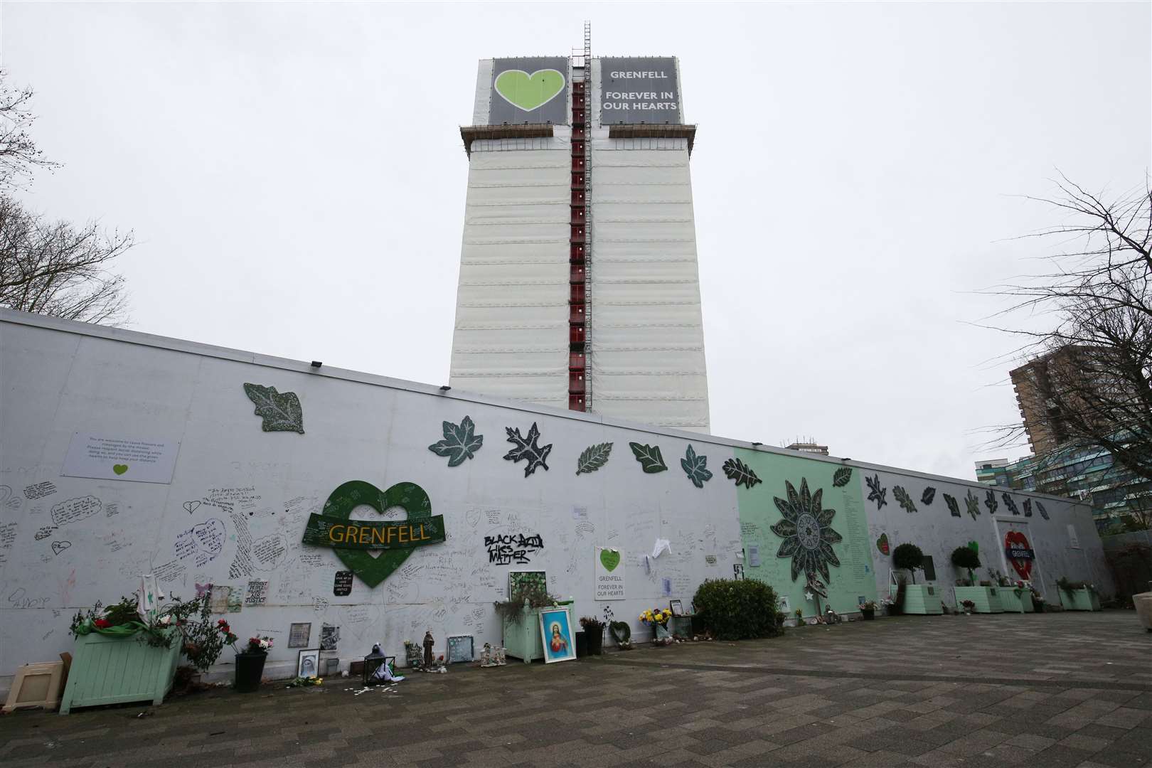 The Grenfell Memorial Wall in the grounds of Kensington Aldridge Academy (Jonathan Brady/PA)