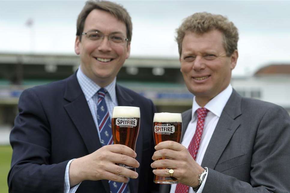 Kent chief executive Jamie Clifford and Shepherd Neame chief executive Jonathan Neame celebrate the new deal for naming rights of the St Lawrence Ground Picture: Barry Goodwin