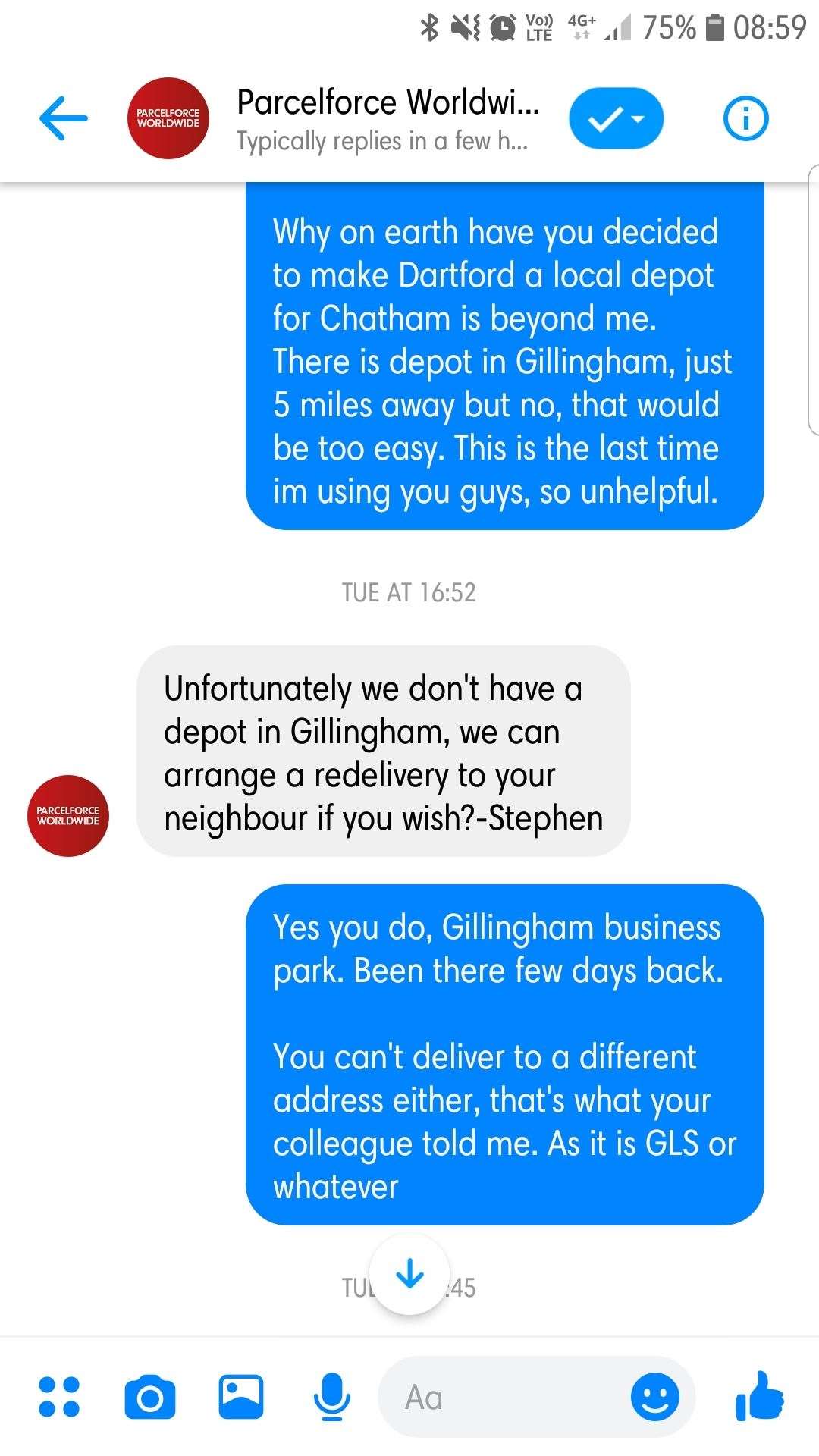 Parcelforce staff said they didn't have a depot in Gillingham