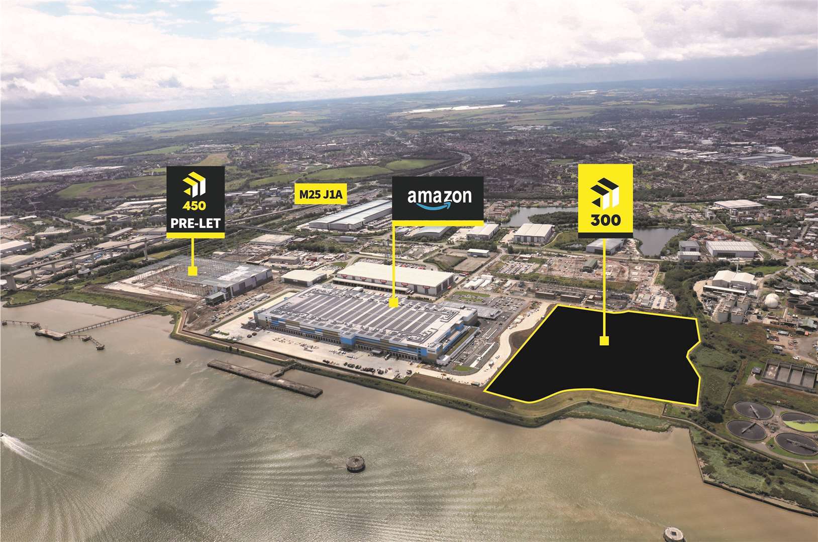 The 450,000 sq ft IKEA unit will be located to the left of the Amazon mega shed unit, as pictured, on the former Littlebrook Power Station site near Dartford. Picture: Bericote/Tritax