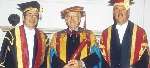 From left: Prof Rick Trainor, university vice-chancellor, Bob Worcester, and Lord Holme of Cheltenham, the university chancellor