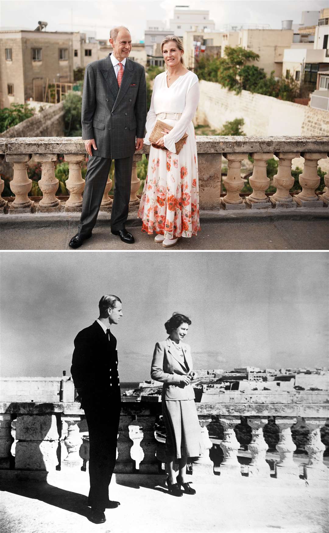 Edward and Sophie, top, recreated a photograph of Queen Elizabeth II and Prince Philip, bottom (PA)