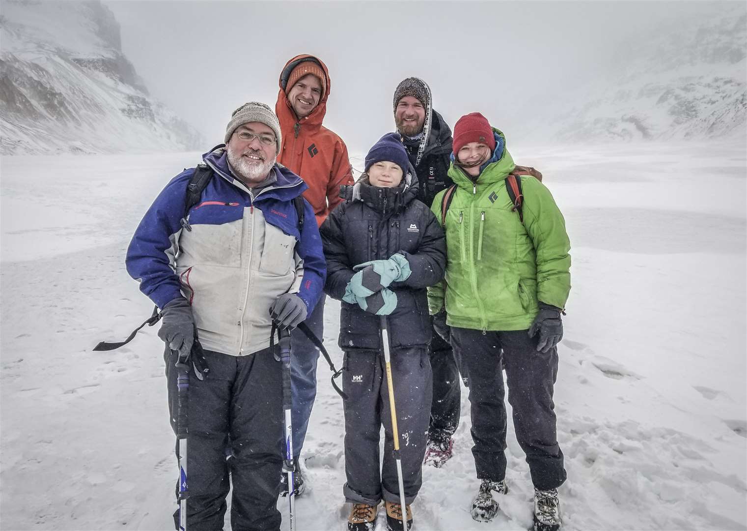 Greta Thunberg (centre) with scientists on Canada’s Athabasca Glacier (Mark Ferguson/BBC/PA)