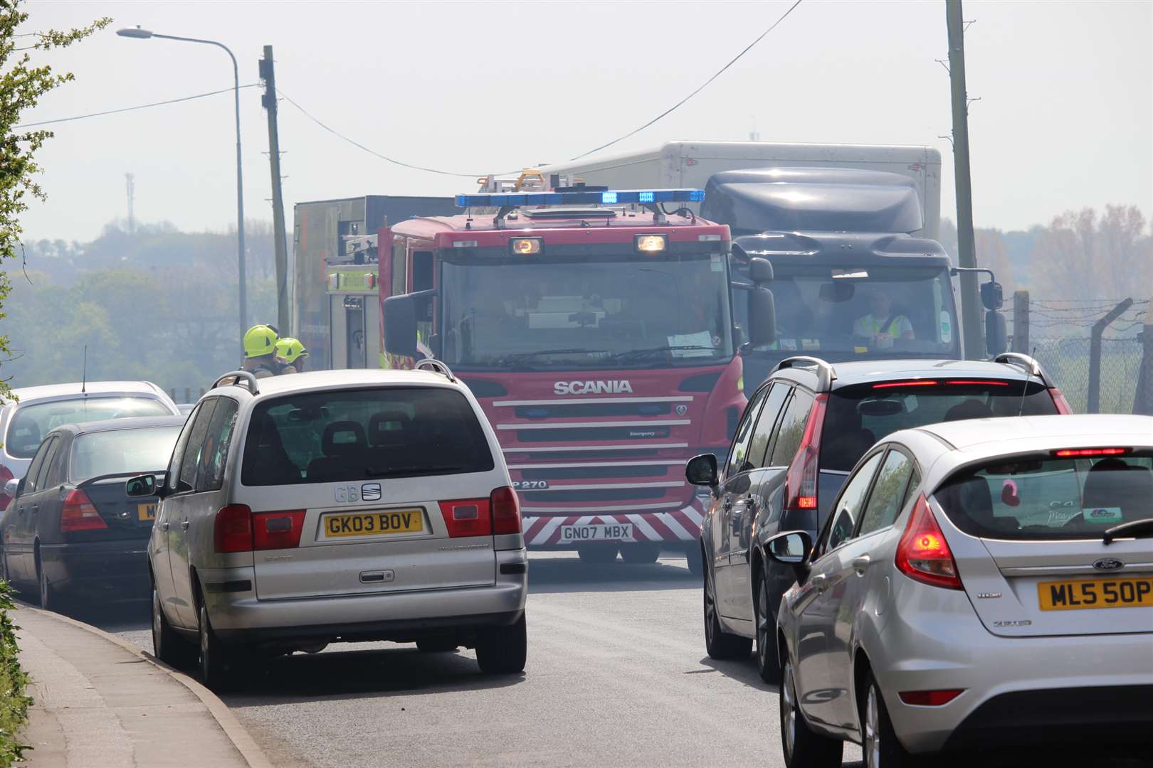 Fire engine in Halfway Road outside Monkey Farm car-breakers