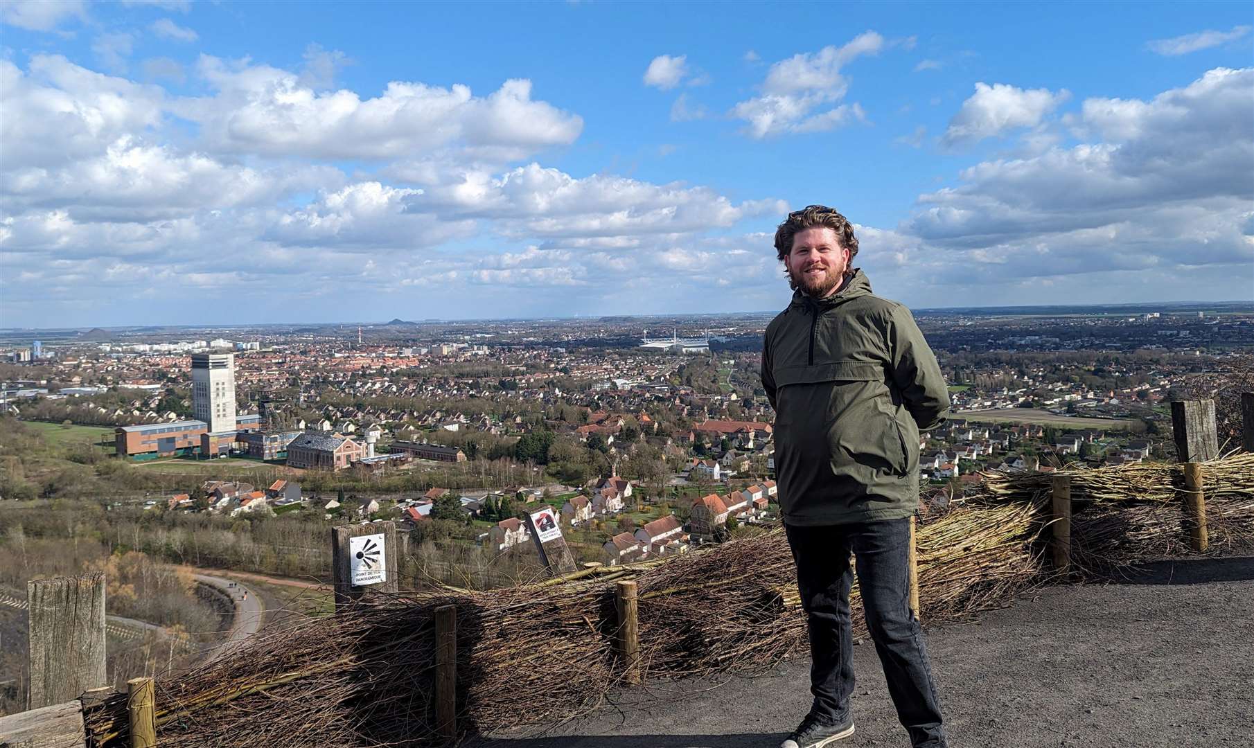 Reporter Rhys Griffiths pictured after climbing the slag heaps at one of the region's former coal mines