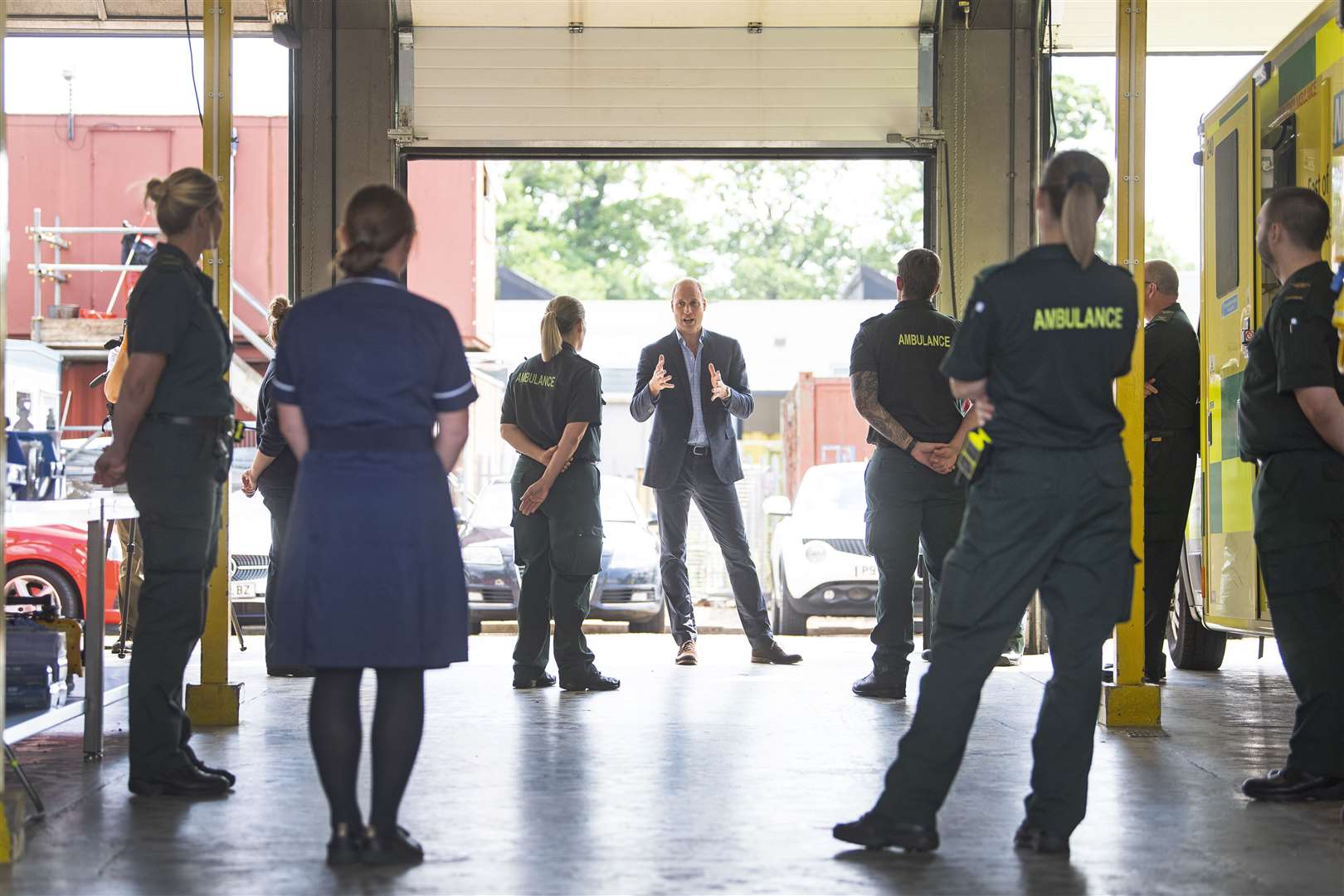 The Duke of Cambridge meets paramedic staff while maintaining social distancing (Victoria Jones/PA)