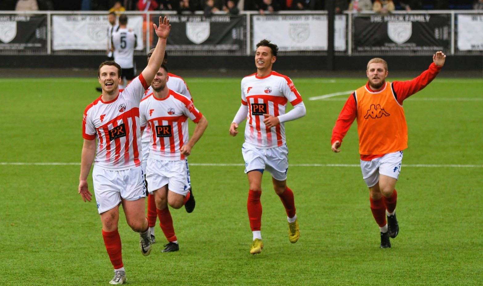 Sheppey celebrate last weekend’s win in the FA Cup. It’s FA Trophy time this Saturday Picture: Marc Richards