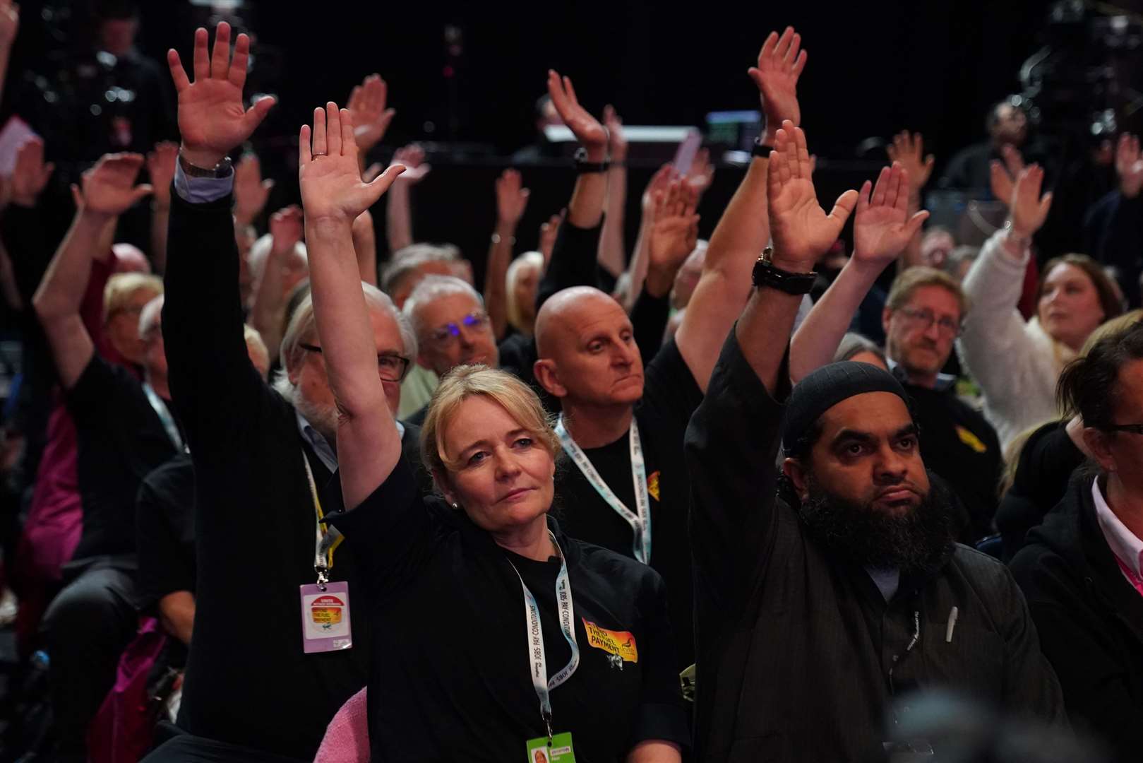 Unite general secretary Sharon Graham, front left, voted with other delegates in favour of a motion calling for the winter fuel payment cut to be reversed (Stefan Rousseau/PA)