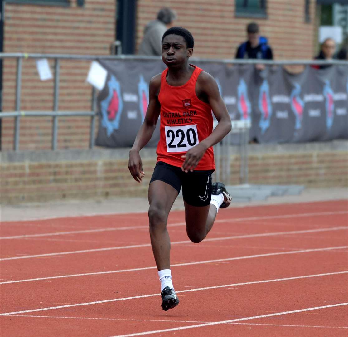Joel Aggrey of Central Park AC runs in the under-15 boys’ 300m. Picture: Barry Goodwin