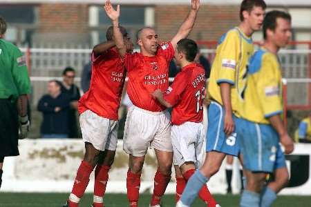 Nathan Bunce celebrates scoring Gravesend's third goal. Picture: RICHARD EATON