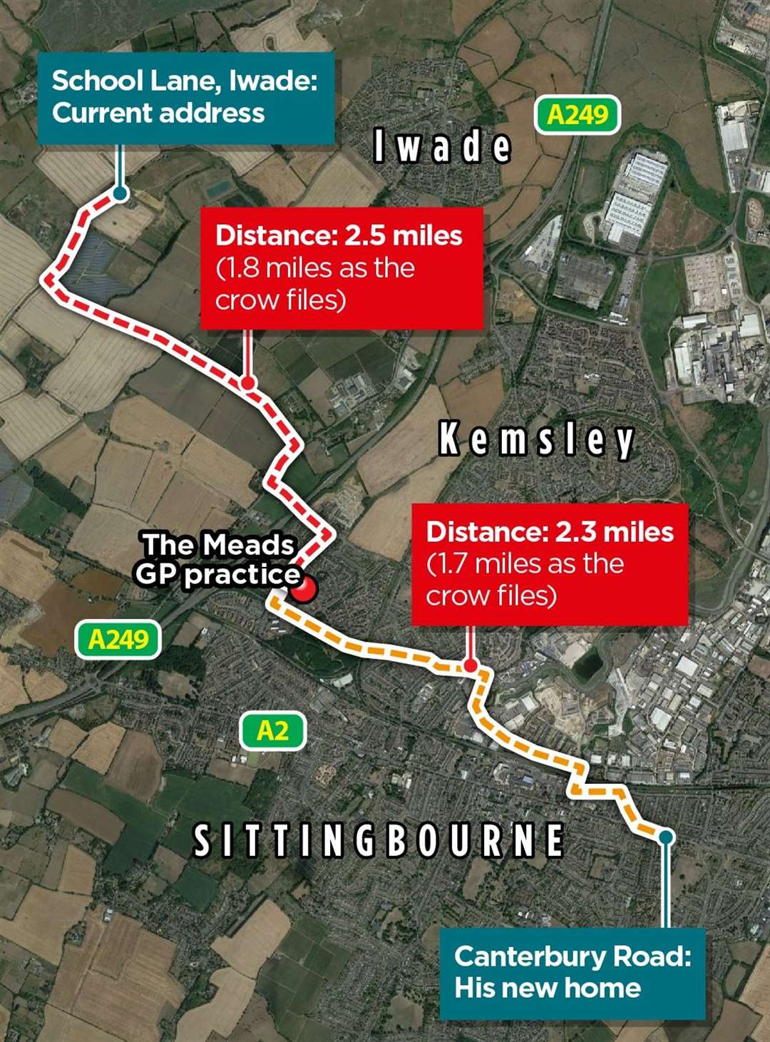 Mr Rehberg's home at School Lane in Iwade is further away from The Meads Medical Practice than his new property